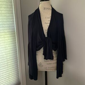 Elan Navy Top Tie Front Large Bell Pleated Long Sleeves